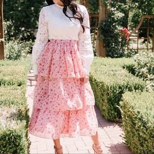 Rachel Parcell Print Tiered Ruffle Skirt Pink